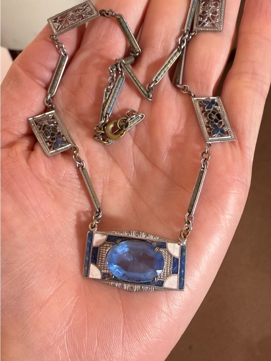 Antique Jewelry - Antique Art Deco 1920 Blue Checho Glass Guilloche enamel choker Necklace